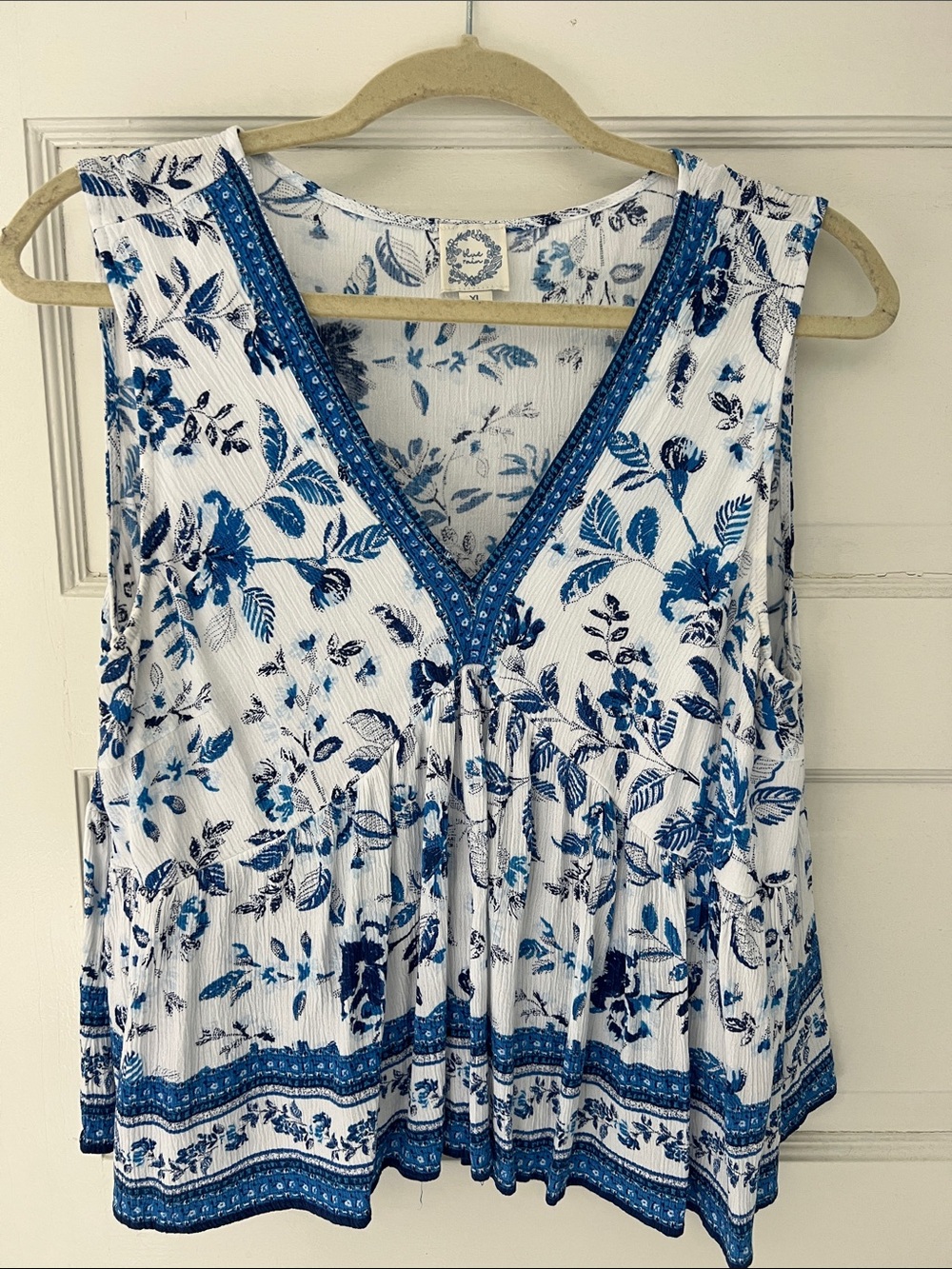 Blue Rain White and Blue Floral V-Neck Sleeveless Blouse